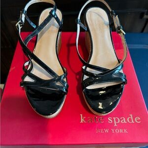Kate Spade black patent leather, cork wedge sandal